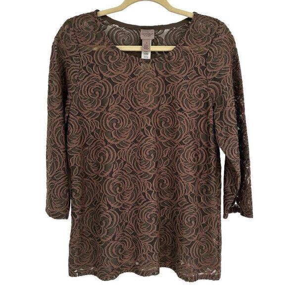 Chico's Lace Sadie 3/4 Sleeve Top Texas Taupe Medium NWT - Picture 1 of 9